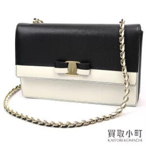 Salvatore Ferragamo Vara Ribbon Flap Shoulder Bag Black White Calf Leather